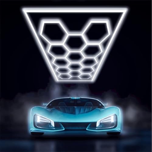 DHXYHQY 14 Hexagon LED Garage Light System Honeycomb LED Shop Lights with White Border for Garage Workshop Car Detailing Shop Exhibition Hall, 672 W 90000 LM, Ceiling Decor