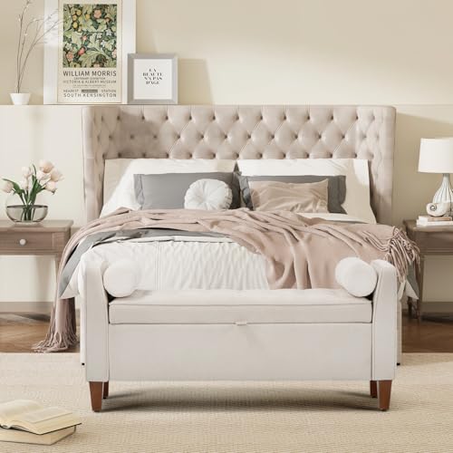 COLAMY Tufted Storage Bench for Bedroom End, 48 Inch Modern Upholstered Storage Ottoman with Arms and Bolster Pillows for Bedroom, Living Room, Entryway, Beige