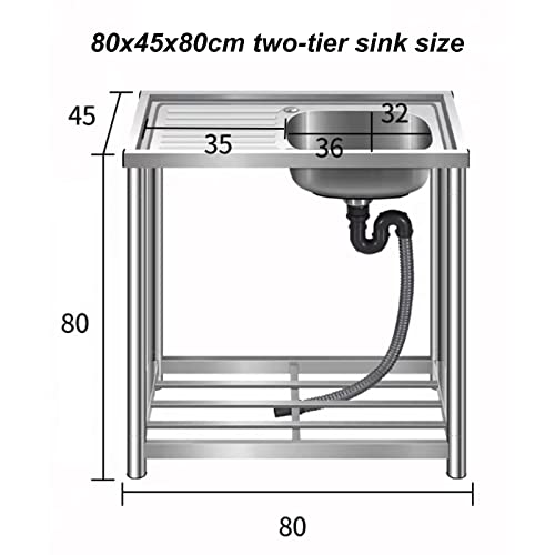 Commercial 304 Stainless Steel Sink Free Standing Single Bowl Commercial Restaurant Kitchen Sink with Left Drainboard Storage Shelve Faucet 1 Compartment Restaurant Kitchen Sink fo