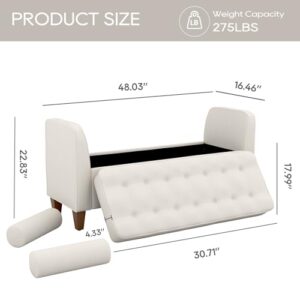 COLAMY Tufted Storage Bench for Bedroom End, 48 Inch Modern Upholstered Storage Ottoman with Arms and Bolster Pillows for Bedroom, Living Room, Entryway, Beige