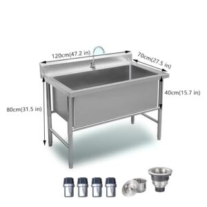 Large Utility Sink Laundry Tub,Freestanding Stainless Steel Sink,Kitchen Commercial Industrial Sink,1 Compartment Single Bowl Heavy Duty Slop Sinks (120cm)