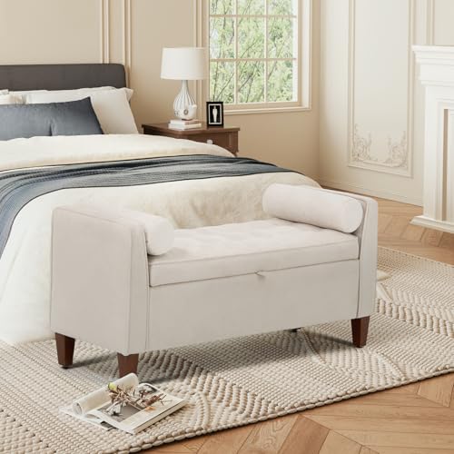 COLAMY Tufted Storage Bench for Bedroom End, 48 Inch Modern Upholstered Storage Ottoman with Arms and Bolster Pillows for Bedroom, Living Room, Entryway, Beige