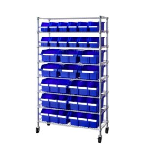 Heavy Duty Commercial Steel Wire Bin Storage Rack, Mobile, 24 Bins (Blue, 1 Pack)