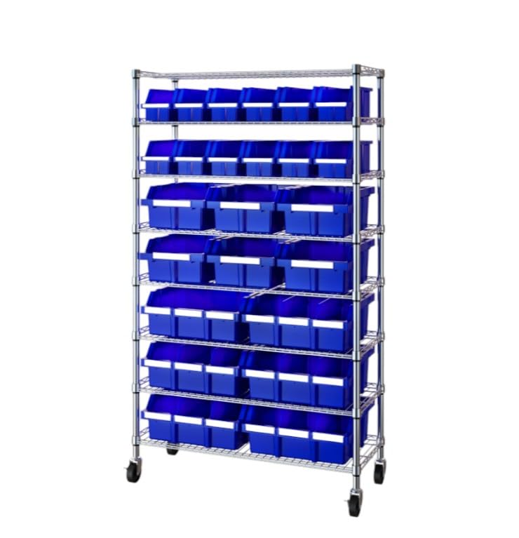 Heavy Duty Commercial Steel Wire Bin Storage Rack, Mobile, 24 Bins (Blue, 1 Pack)