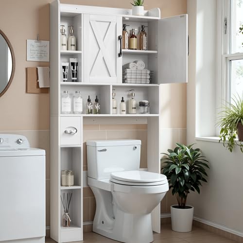 YESHOMY Over The Toilet Storage Cabinet, with 2 Farmhouse Barn Door, Tissue Holder, Adjustable Shelves, White