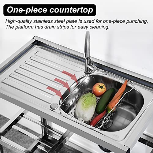 Commercial 304 Stainless Steel Sink Free Standing Single Bowl Commercial Restaurant Kitchen Sink with Left Drainboard Storage Shelve Faucet 1 Compartment Restaurant Kitchen Sink fo