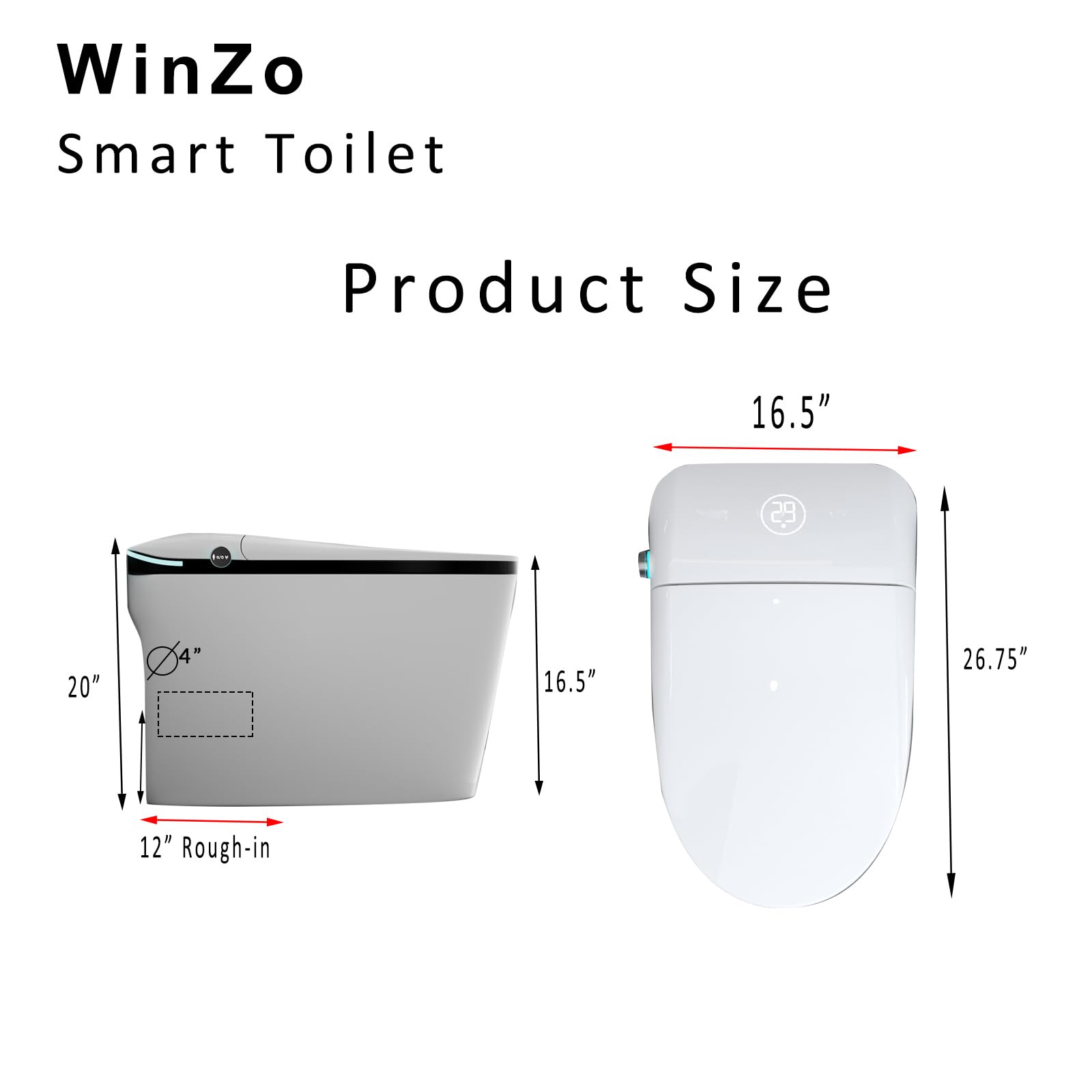 WinZo Luxury Rear Discharge Smart Toilet With Bidet Seat, Auto Flush,Warrm Adjusted Heated Seat, Warm Water and Dryer, Night Light,LED Display,Remote Control, Back Outlet, White