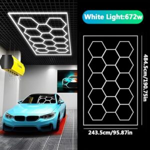 DHXYHQY 14 Hexagon LED Garage Light System Honeycomb LED Shop Lights with White Border for Garage Workshop Car Detailing Shop Exhibition Hall, 672 W 90000 LM, Ceiling Decor