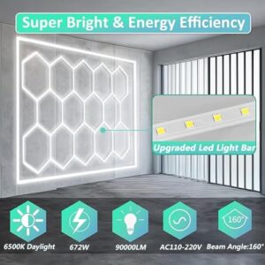 DHXYHQY 14 Hexagon LED Garage Light System Honeycomb LED Shop Lights with White Border for Garage Workshop Car Detailing Shop Exhibition Hall, 672 W 90000 LM, Ceiling Decor