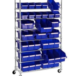 Heavy Duty Commercial Steel Wire Bin Storage Rack, Mobile, 24 Bins (Blue, 1 Pack)