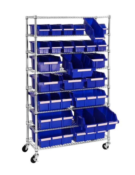 Heavy Duty Commercial Steel Wire Bin Storage Rack, Mobile, 24 Bins (Blue, 1 Pack)