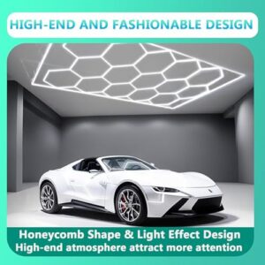 DHXYHQY 14 Hexagon LED Garage Light System Honeycomb LED Shop Lights with White Border for Garage Workshop Car Detailing Shop Exhibition Hall, 672 W 90000 LM, Ceiling Decor