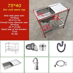 Free Standing Stainless-Steel Sink Single Bowl Commercial Restaurant Kitchen Station Set w/Faucet & Drainboard, Prep & Utility Washing Hand Basin w/Workbench & Double Storage She