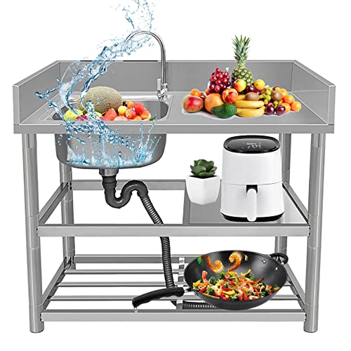 Kitchen Sinks, Single Bowl Kitchen Sinks Stainless Steel Single Bowl Sink, Workstation Farmhouse Sink, Utility Sink with Drainboard, with Cold Hot Faucet, for Garden Bar Laundry FA