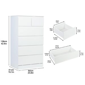 White Dresser, 6 Drawer White Dresser for Bedroom, Tall Dresser with Large Storage Space, Modern Storage Chest of Drawers, 23.6L x 16.1W x 42.9H Inch Storage Organizer Cabinet for Home (White)