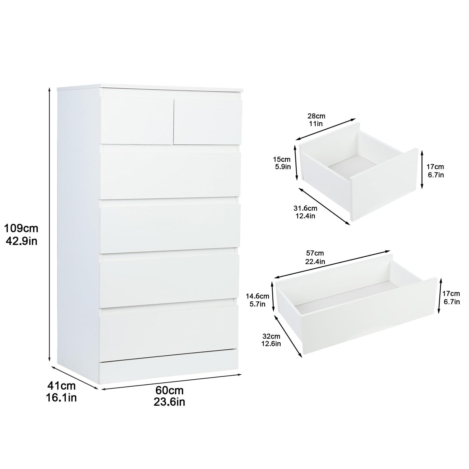 White Dresser, 6 Drawer White Dresser for Bedroom, Tall Dresser with Large Storage Space, Modern Storage Chest of Drawers, 23.6L x 16.1W x 42.9H Inch Storage Organizer Cabinet for Home (White)