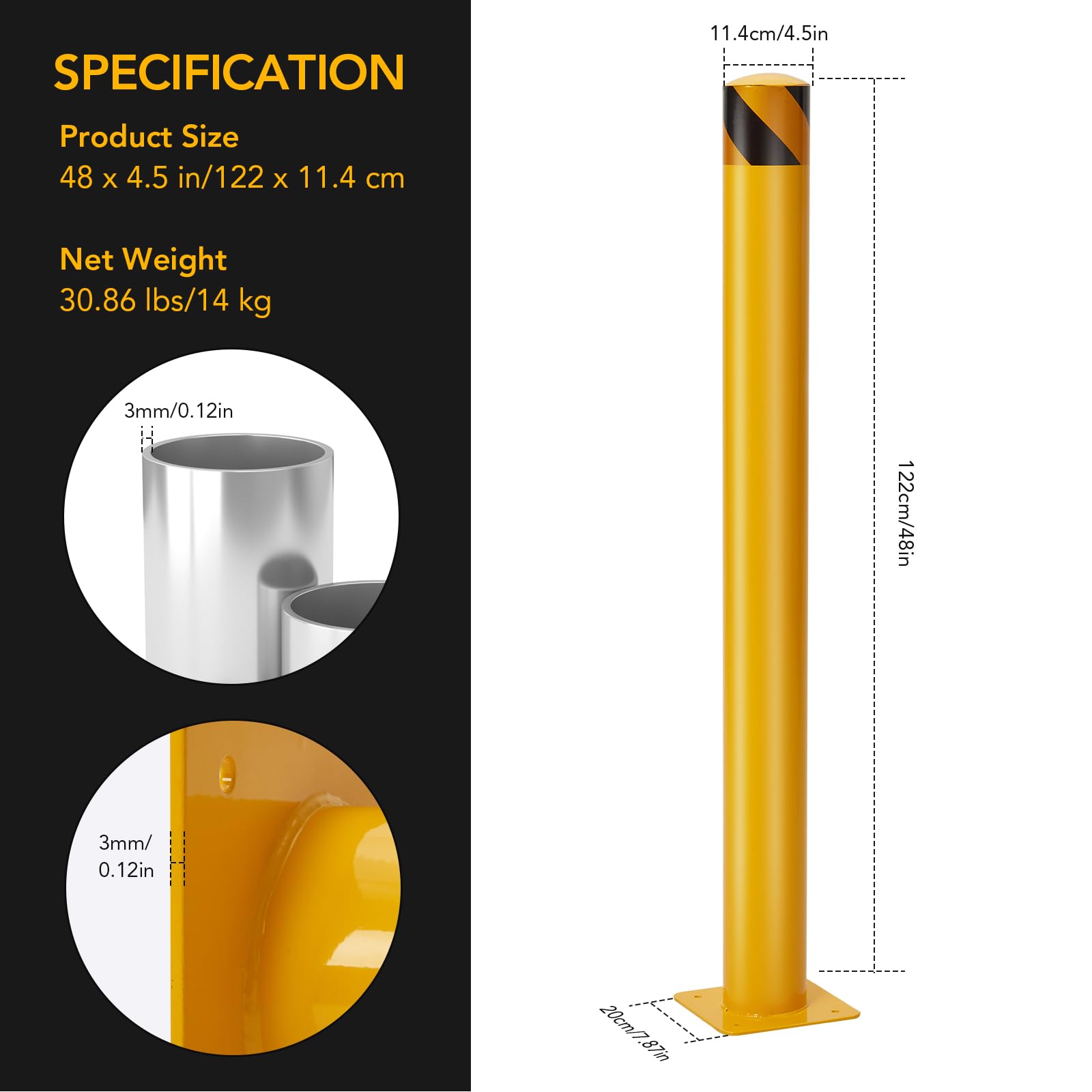 Safety Bollard 2 Pack, Safety Bollard Post Parking Barrier 42 Inch Height Steel Bollard Post, Yellow Powder Coated Metal Traffic Bollard for Traffic Control, Driveway Barrier, Parking Pole