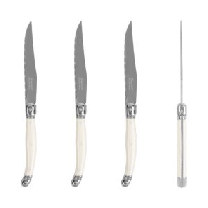 French Home Laguiole Connoisseur 4-Piece Steak Knife Set – Stainless Steel Dinner Knives with Ivory-Colored Handles, Etched Detailing & Napoleon Bee Emblem – Serrated Knives for Smooth Cutting (9.25")