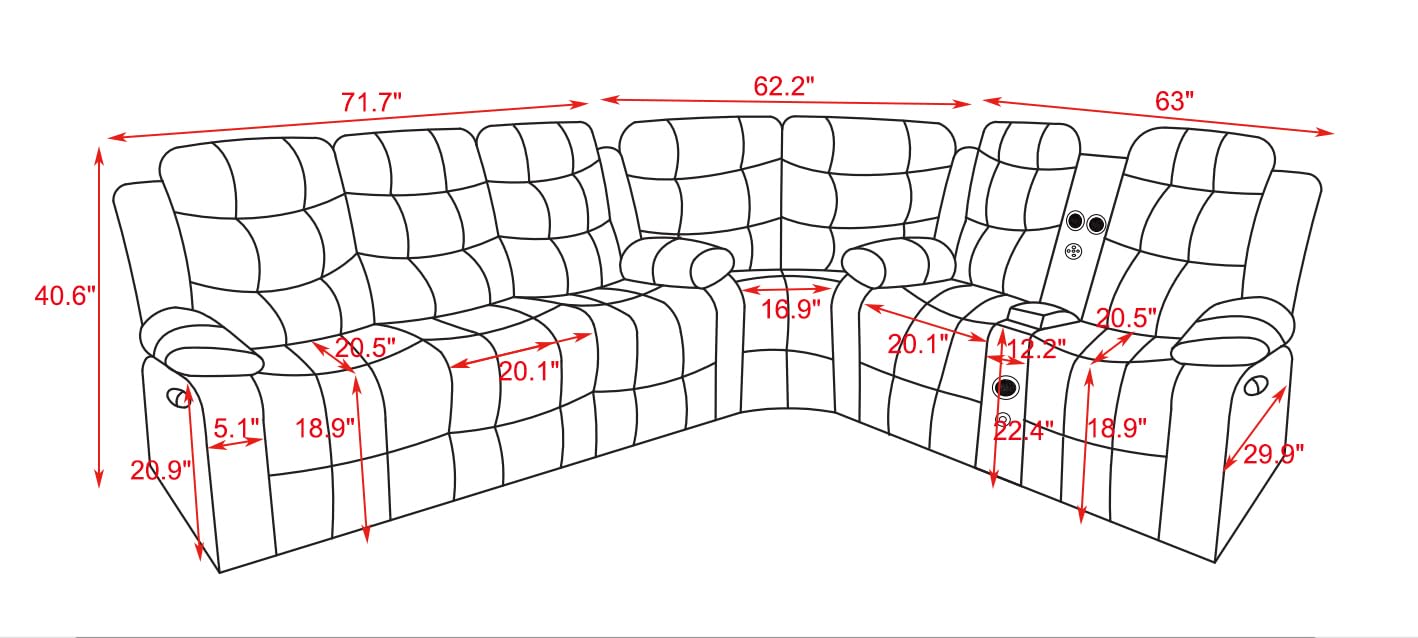 Recliner Sectional Sofa Couches with LED Light for Living Room Home Theater with Cup Holders Console Table Storage