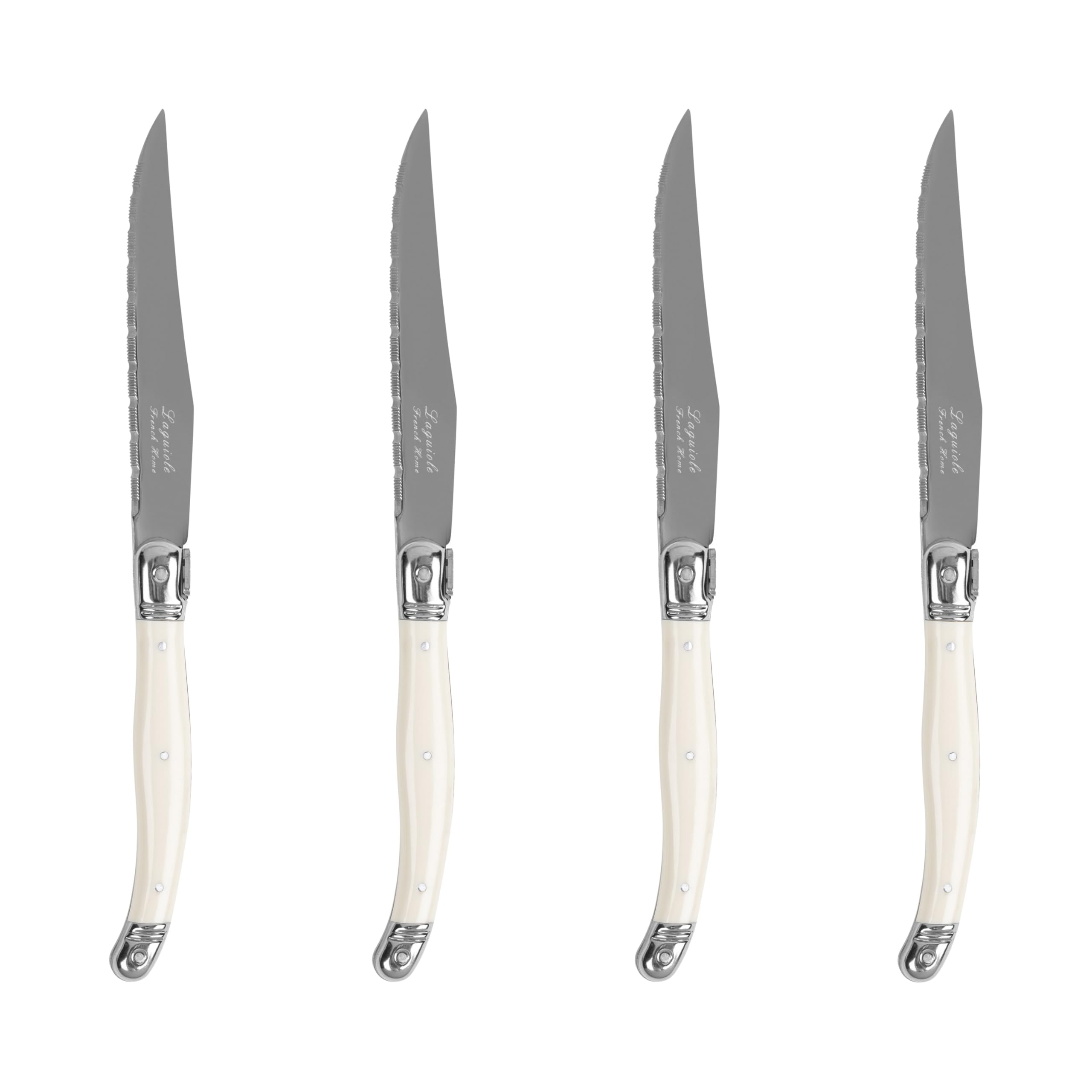 French Home Laguiole Connoisseur 4-Piece Steak Knife Set – Stainless Steel Dinner Knives with Ivory-Colored Handles, Etched Detailing & Napoleon Bee Emblem – Serrated Knives for Smooth Cutting (9.25")