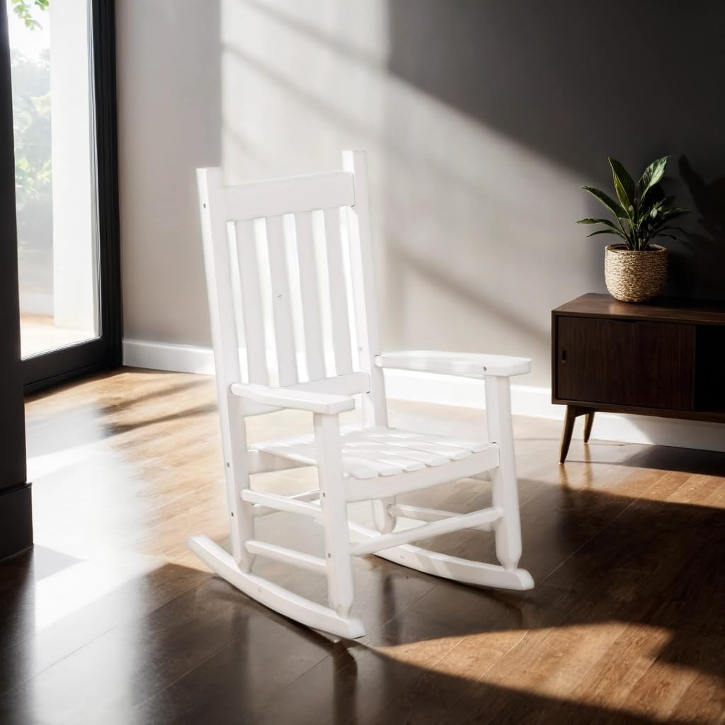 BplusZ Child Rocking Chair Kid's Toddler Wooden Comfy Rocker Furniture Indoor Outdoor Patio Porch Balcony Reading Room for Baby Children Ages 6-10, White