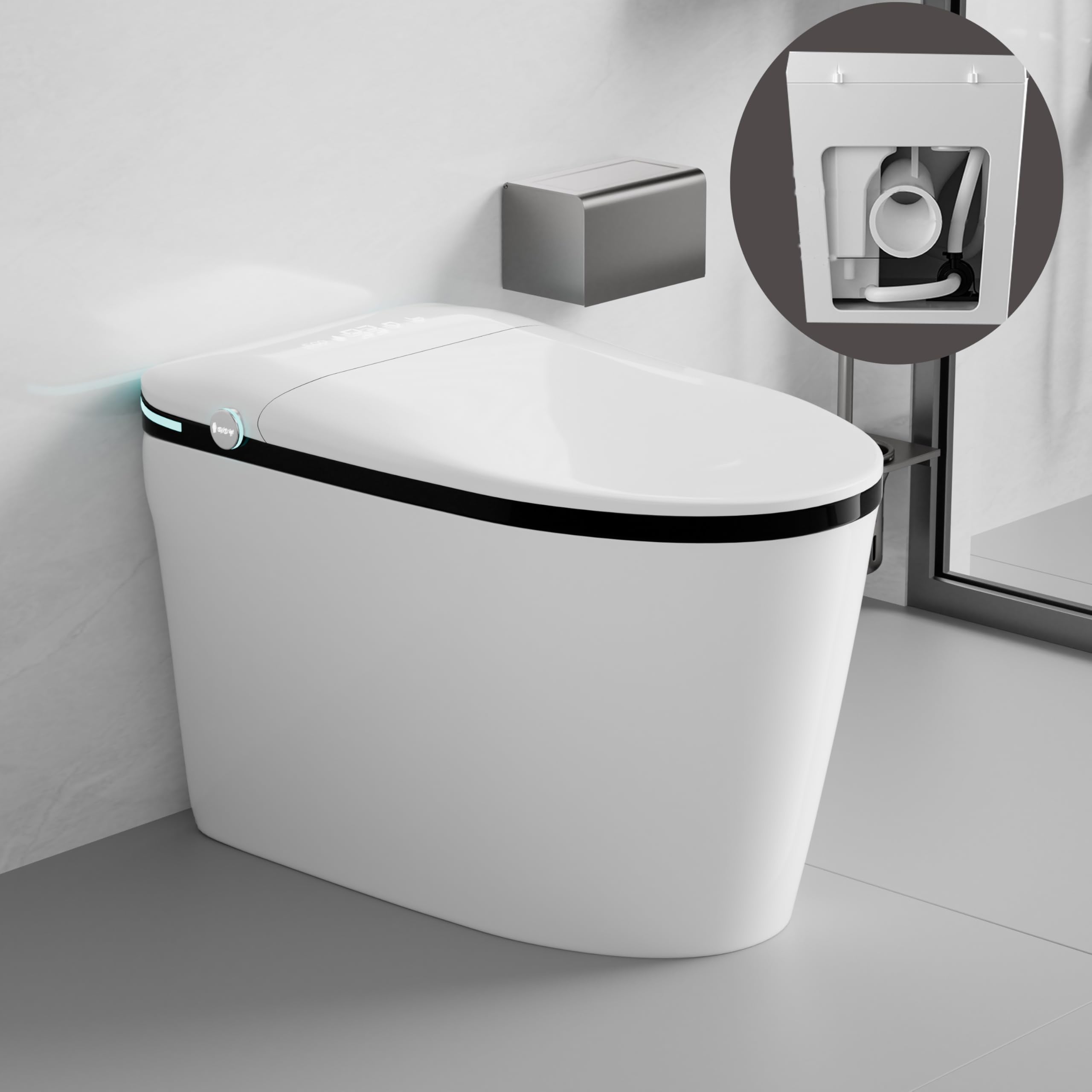 WinZo Luxury Rear Discharge Smart Toilet With Bidet Seat, Auto Flush,Warrm Adjusted Heated Seat, Warm Water and Dryer, Night Light,LED Display,Remote Control, Back Outlet, White