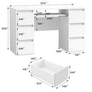 Furnicare White Computer Desk with 6 Drawers, Home Office Writing Desk with Storage Shelf, Modern Work Study Writing Table Desk, PC Laptop Table Vanity Makeup Desk for Bedroom, 47 Inch, White