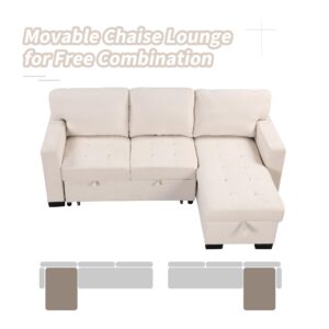 DREAMODERN 85.2-Inch L-Shaped Sectional Sofa Couch Pull-Out Sofa Bed, Modern Upholstered Corner Sofa with Storage Rack, Charging Ports and 2 Cup Holders for Living Room Apartment - Beige