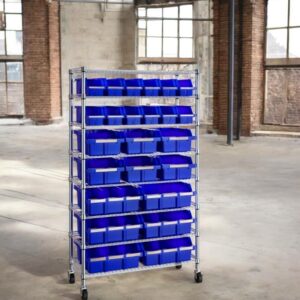 Heavy Duty Commercial Steel Wire Bin Storage Rack, Mobile, 24 Bins (Blue, 1 Pack)