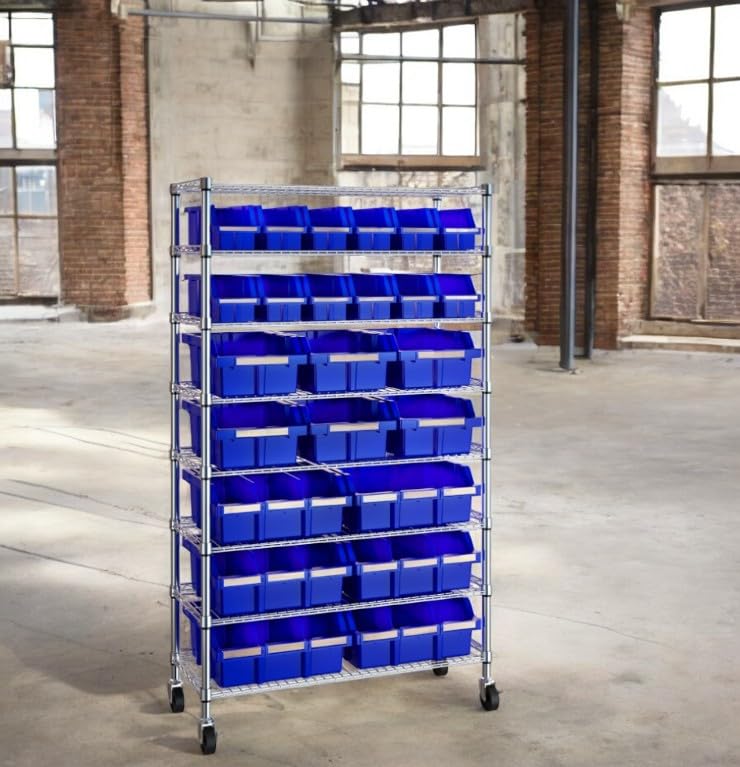 Heavy Duty Commercial Steel Wire Bin Storage Rack, Mobile, 24 Bins (Blue, 1 Pack)