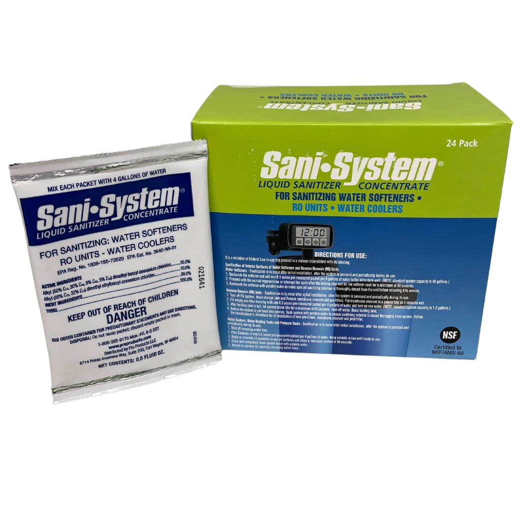 American Water Solutions SS24WS Pro Products Sani-System Liquid Sanitizer Concentrate for Water Softeners, Reverse Osmosis Systems, And Water Coolers (24 Pack).