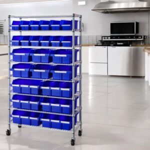 Heavy Duty Commercial Steel Wire Bin Storage Rack, Mobile, 24 Bins (Blue, 1 Pack)