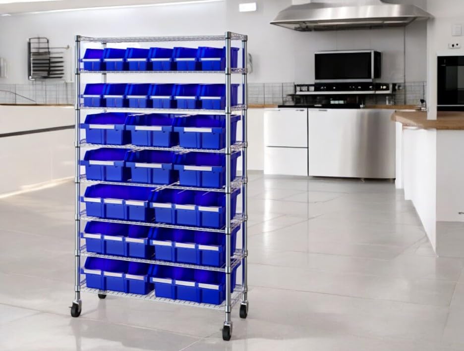 Heavy Duty Commercial Steel Wire Bin Storage Rack, Mobile, 24 Bins (Blue, 1 Pack)