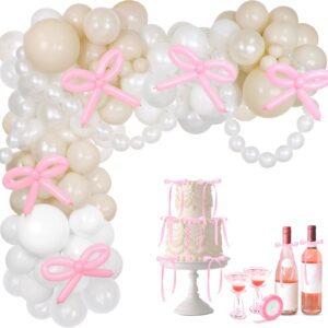 pink bow balloon arch kit, 155pcs coquette bows pearls balloon garland arch, double stuffed pearl sand white balloons with satin ribbon for coquette birthday decortions, bridal shower, bow party decor