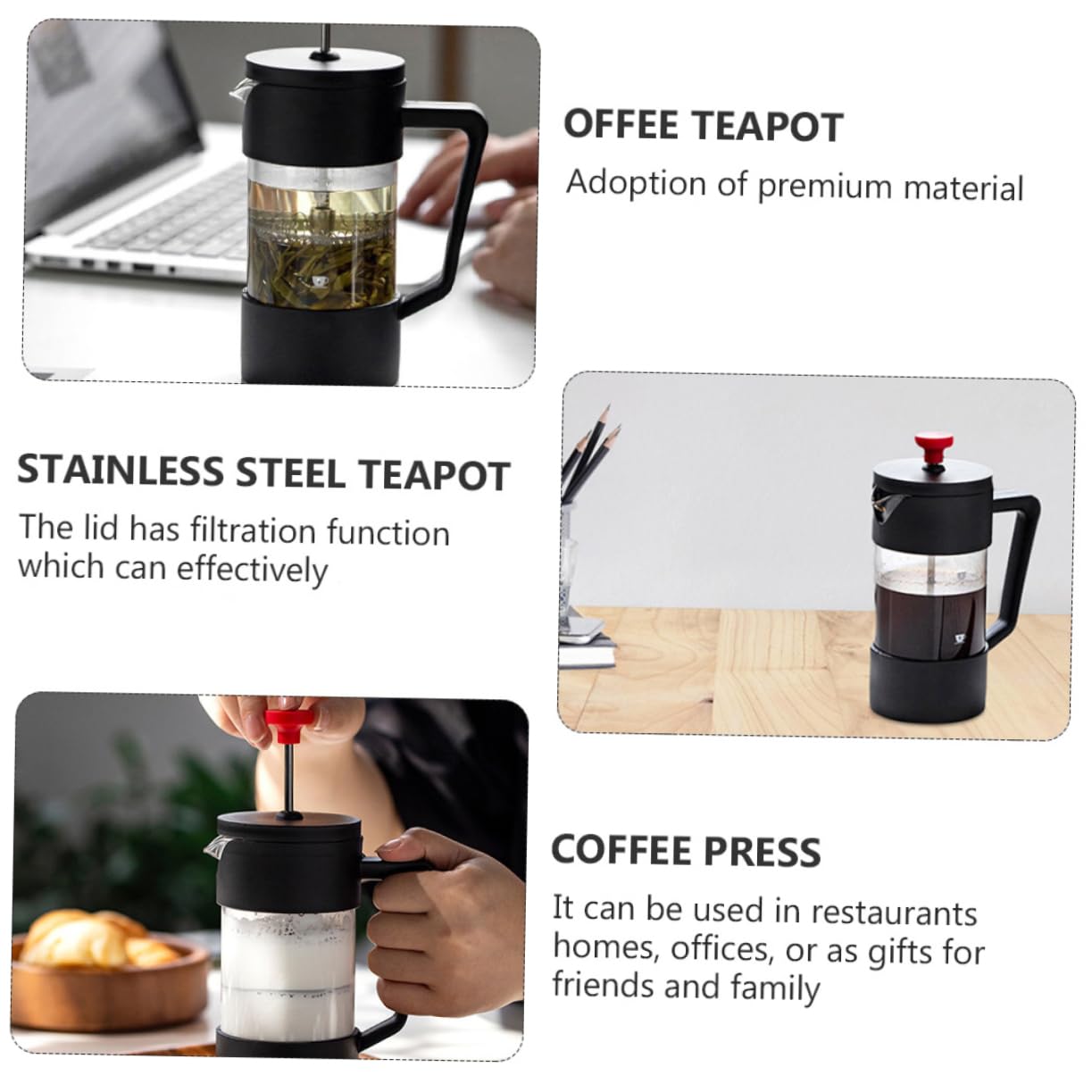 SECFOU French Coffee Press Teapot for Coffee Camping Coffee Pot Concentrated Coffee Camping Coffee Makers Espresso Pitcher Espresso Ground Espresso Coffee 304 Stainless Steel