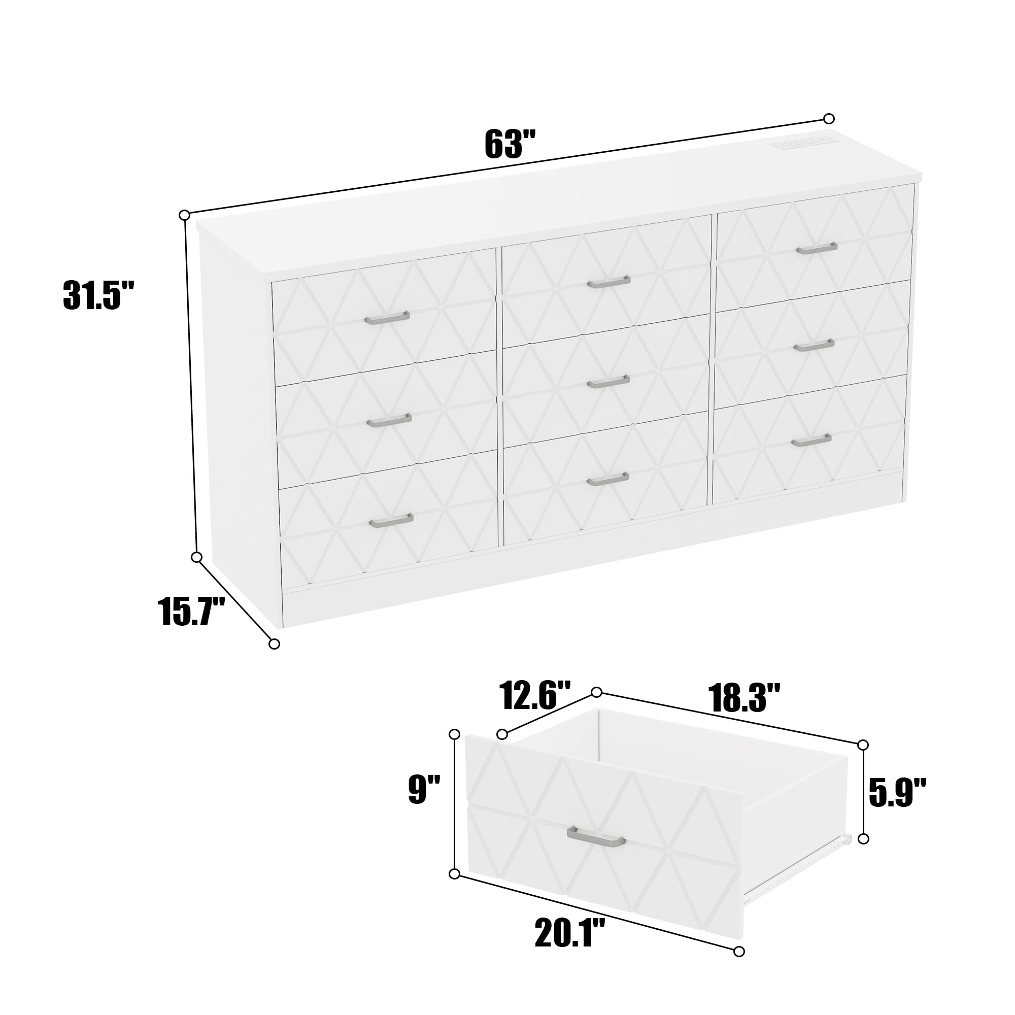 GarveeHome 9 Drawer White Dresser for Bedroom with Power Outlet, 63'' Wooden Large Dresser with Wide Drawer, Modern Chest of Drawers for Closet, Storage Organizer Long Dresser for Hallway, Living Room