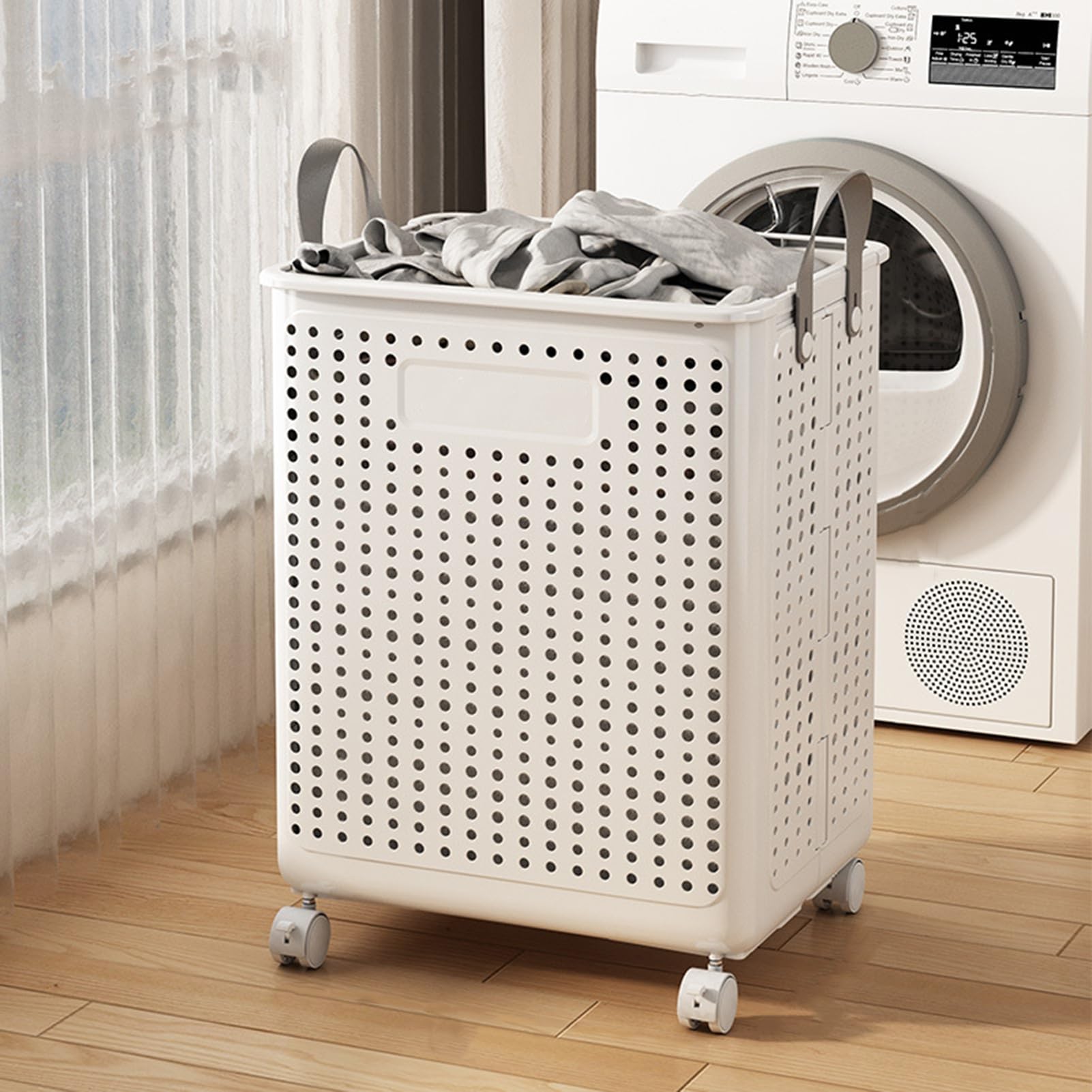 SamFansar Laundry Basket with Wheels, Large Capacity Handle Design, Waterproof Dirty Clothes Storage Hamper Laundry Basket with Breathable Mesh Holes White-L