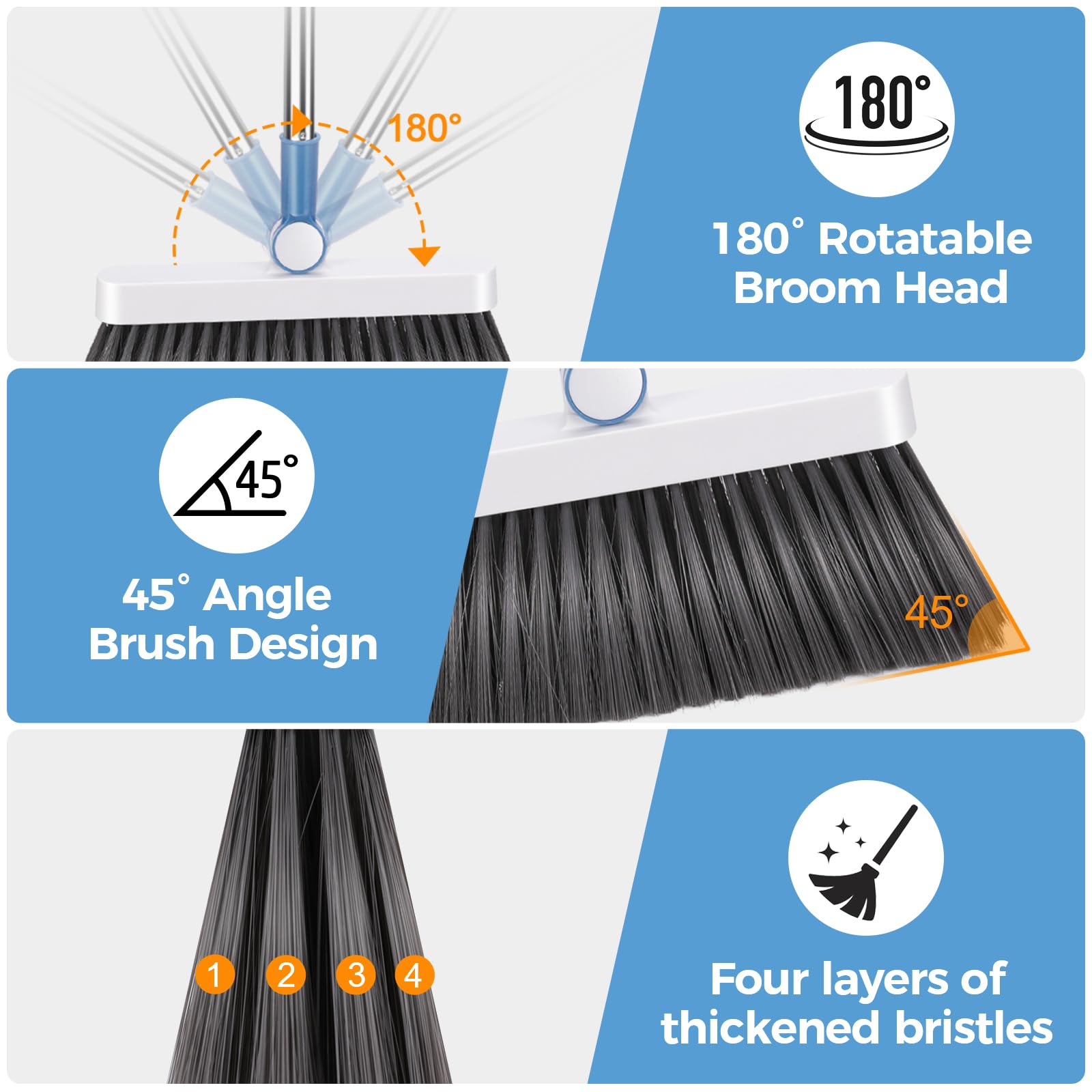 Masthome 42" Large Industrial Mop with 2 Reusable Mop Pads,Commercial Microfiber Mop & Long Handle Lightweight 180 Degree Rotating Broom Set with Squeegee Broom for Floor