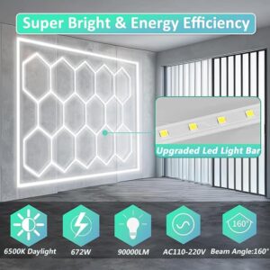 DHXYHQY Hexagon Lights, Hexagon Garage Lights with Rectangle Frame, Hexagon LED Lights 90,000 LM, 672W, 6,500K, 14 Hex Grid for Garage, Car Detailing, Ceilings, Shops, Warehouses, Gyms