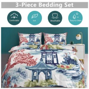 Madcolitote White Blue Coral Chinese Pagoda Duvet Cover Sets King Size Soft 3 Pieces Chinoiserie Asian Inspired Cover with Zipper Bedding Full Set with Pillow Shams