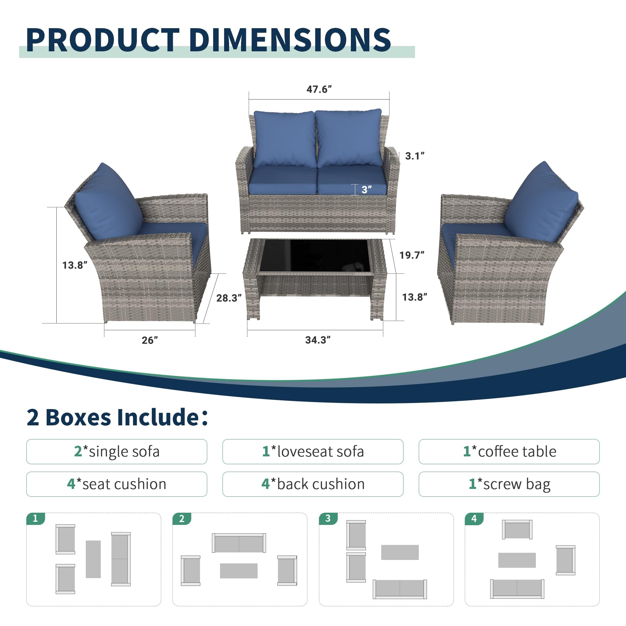 VONZOY 4 Pieces Patio Furniture Set, Wicker Outdoor Sectional Sofa Couch Set, Grey PE Rattan Patio Conversation Sets for Balcony, Porch, Blue