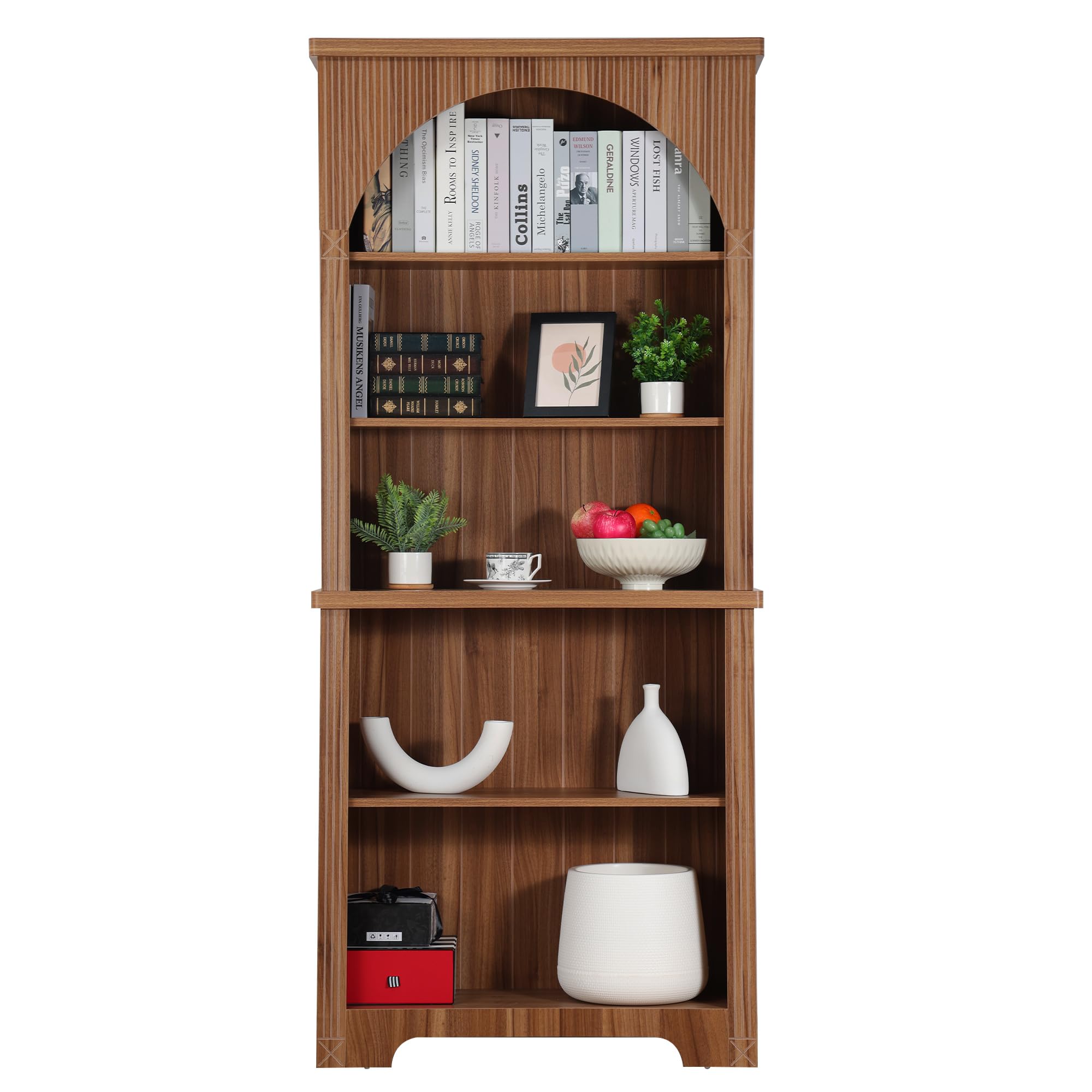 FurSch 71" Tall Arched Book Shelf,Walnut 5 Tier Wooden Arched Bookshelf,Arched Storage Cabinet Pantry for Living Room,Bedroom