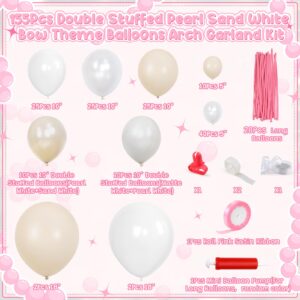 Pink Bow Balloon Arch Kit, 155Pcs Coquette Bows Pearls Balloon Garland Arch, Double Stuffed Pearl Sand White Balloons with Satin Ribbon for Coquette Birthday Decortions, Bridal Shower, Bow Party Decor