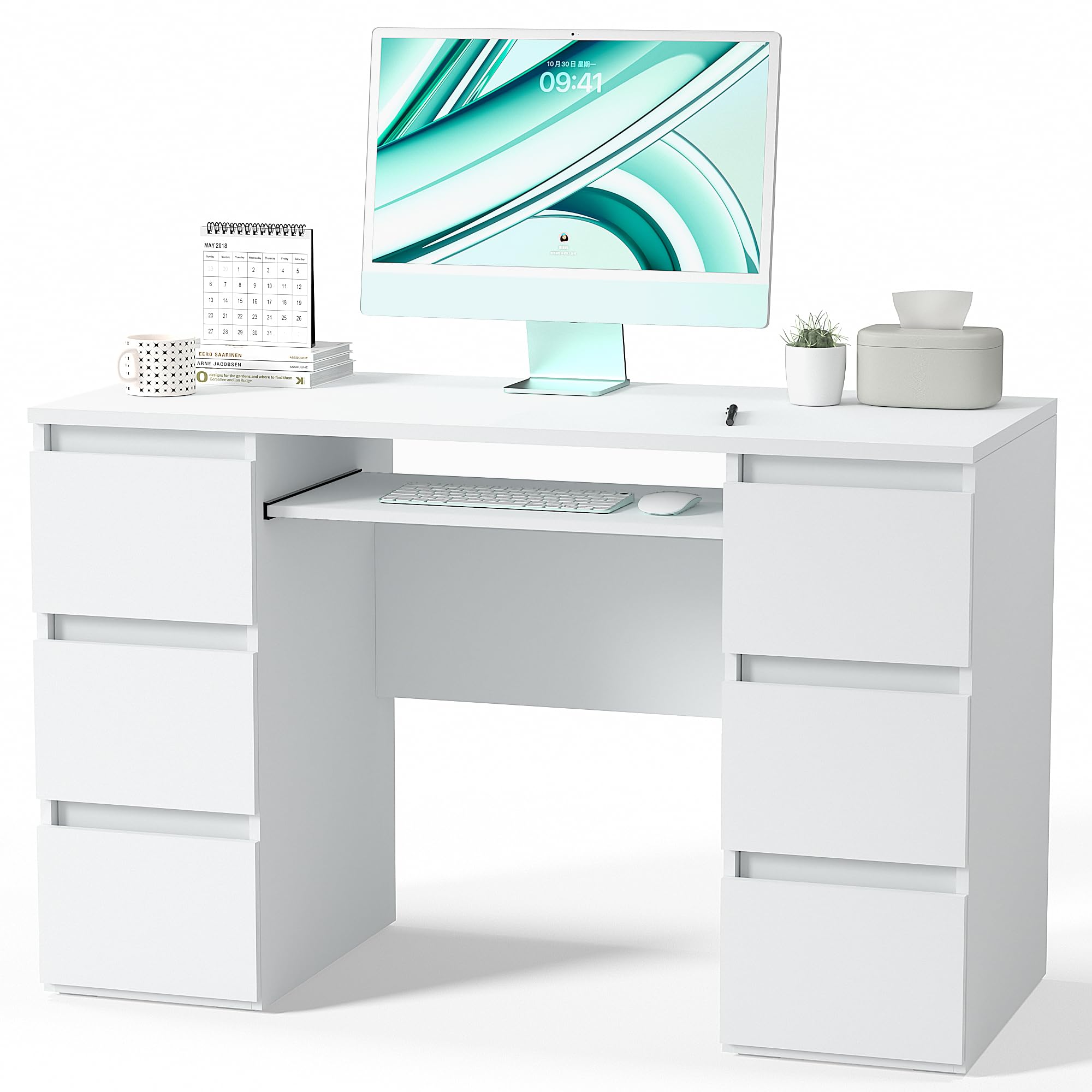 Furnicare White Computer Desk with 6 Drawers, Home Office Writing Desk with Storage Shelf, Modern Work Study Writing Table Desk, PC Laptop Table Vanity Makeup Desk for Bedroom, 47 Inch, White