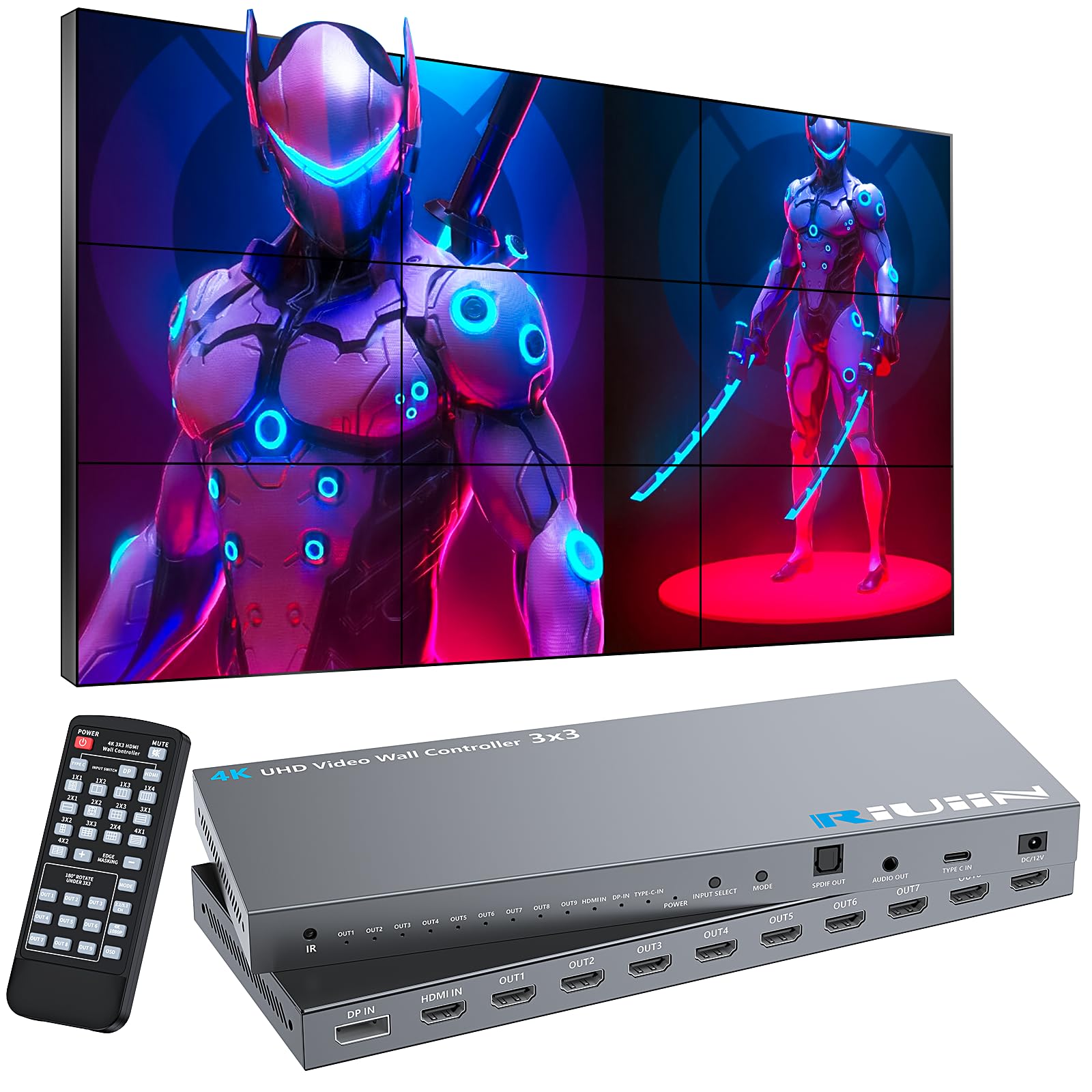 4K Video Wall Controller 3x3, HDMI & DP & Type-C Inputs, RIUIIN TV Wall Controller with 18 Modes, 180° Rotation, Edge Masking, Audio and IR Remote, 9 tv Screens into 1 Wall Display