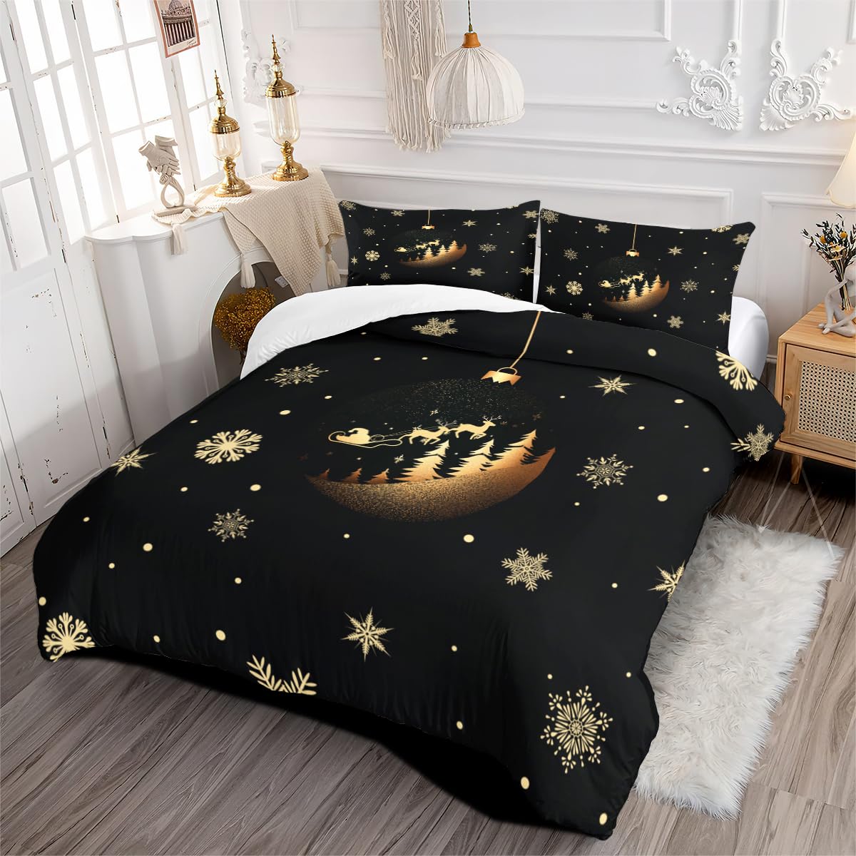 CCoutueChen Merry Christmas Soft Duvet Cover Queen Black Christmas Snowflakes Comforter Cover Happy New Year Farmhouse Decor Xmas Duvet Cover Set 3 Piece(2 Pillowcases, No Comforter)