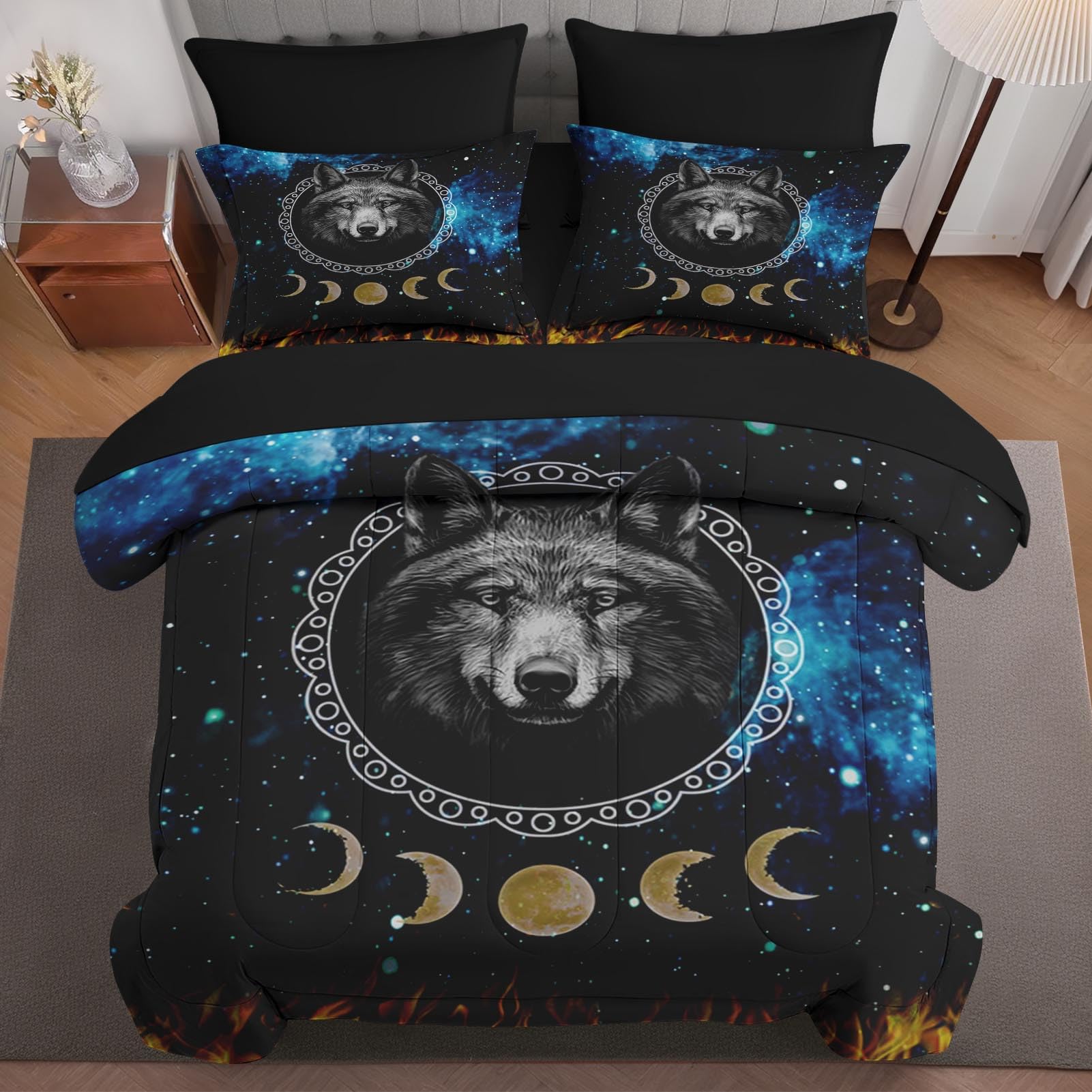 Pinbeam 5 Pcs Comforter Set Twin Size, Wolf Animal Dog Bed in a Bag with Flat Sheet and Fitted Sheet for Kids and Adults, Starry Space Galaxy Bedding Set with Pillowcase & Sham