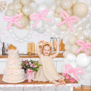 Pink Bow Balloon Arch Kit, 155Pcs Coquette Bows Pearls Balloon Garland Arch, Double Stuffed Pearl Sand White Balloons with Satin Ribbon for Coquette Birthday Decortions, Bridal Shower, Bow Party Decor