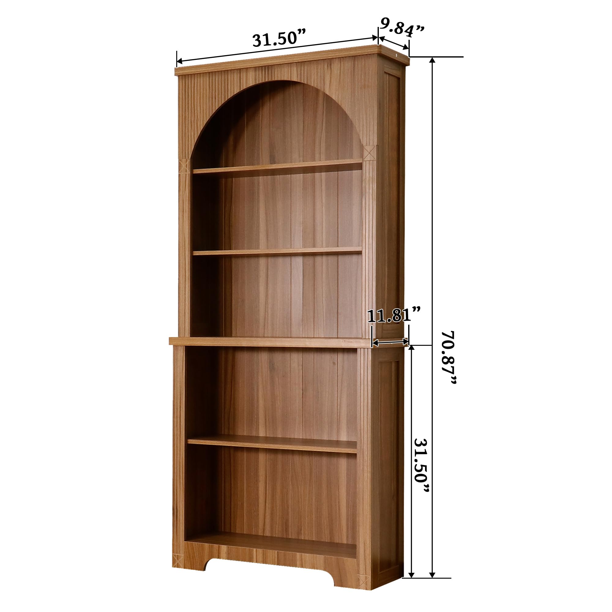 FurSch 71" Tall Arched Book Shelf,Walnut 5 Tier Wooden Arched Bookshelf,Arched Storage Cabinet Pantry for Living Room,Bedroom