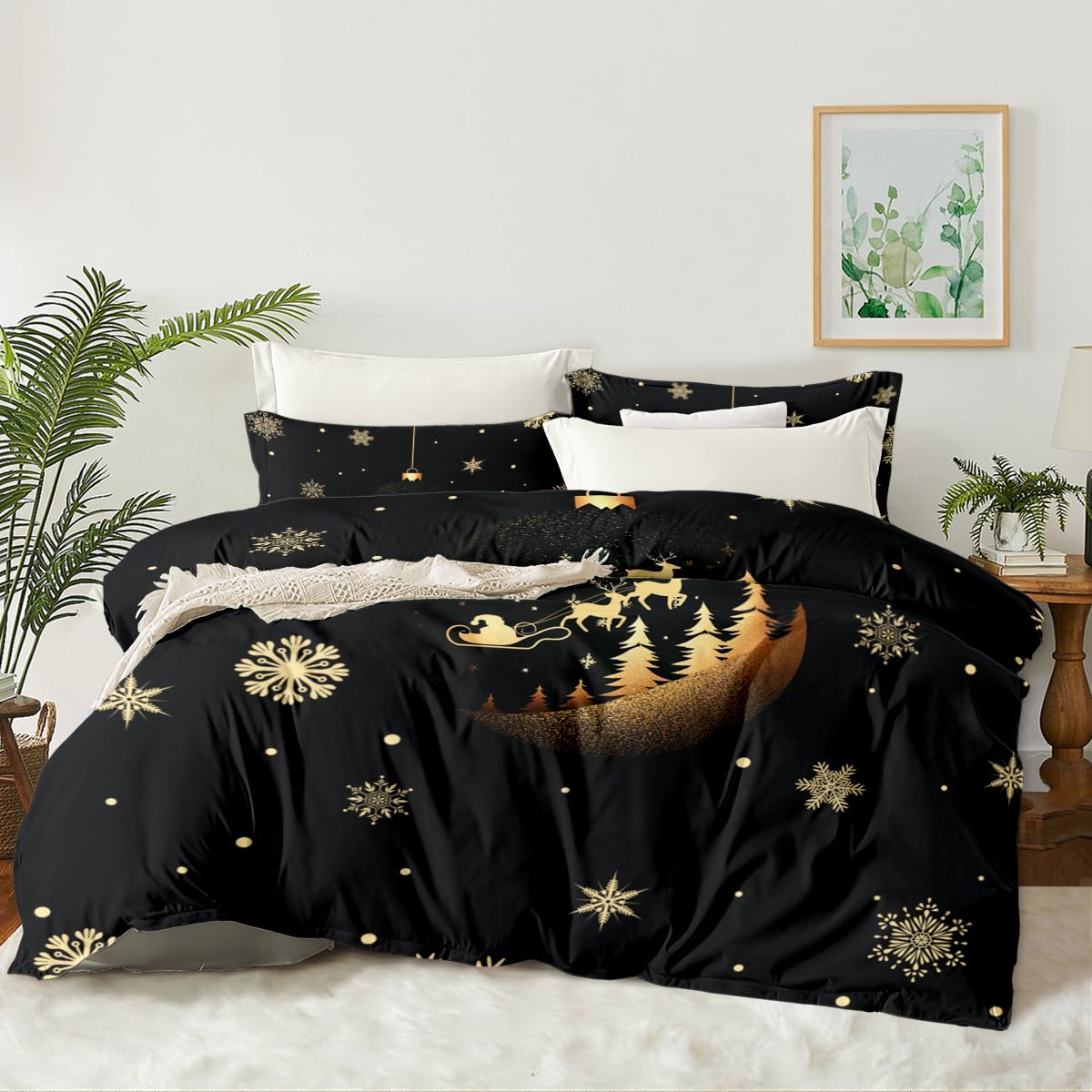 CCoutueChen Merry Christmas Soft Duvet Cover Queen Black Christmas Snowflakes Comforter Cover Happy New Year Farmhouse Decor Xmas Duvet Cover Set 3 Piece(2 Pillowcases, No Comforter)